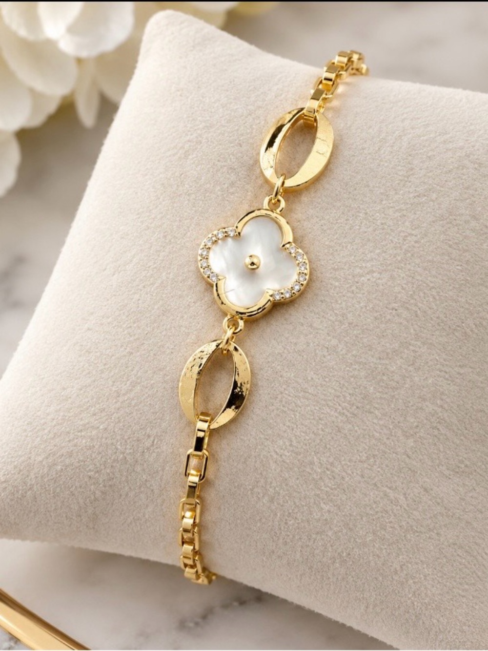 Gold Floral Ceramic Bracelet with Crystal Accents